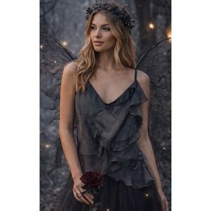 Citrine NWT Silk Tank Tiered Ruffle Black Sz 16  Fairy Grunge Whimsigoth Witchy